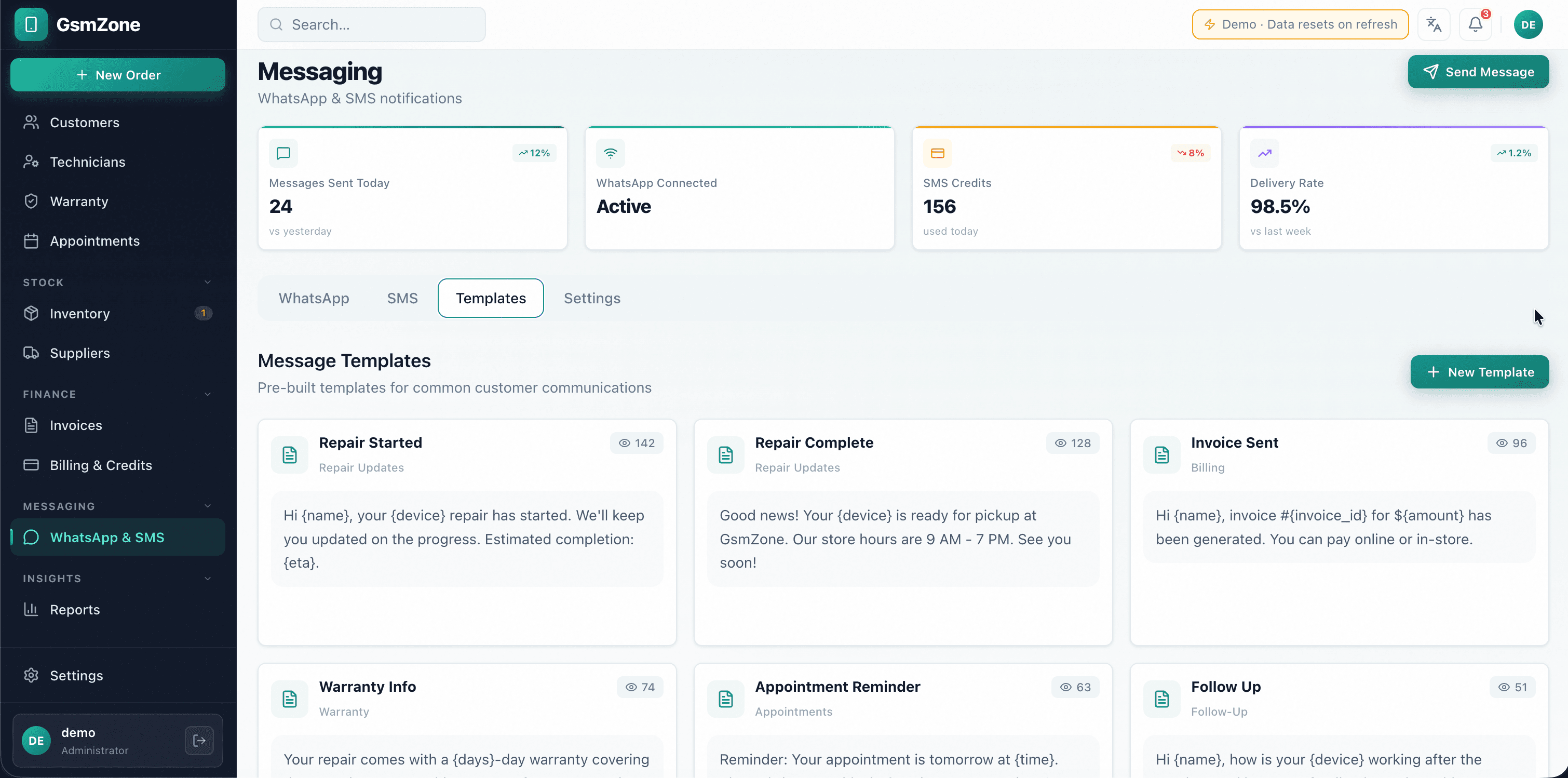 GsmZone ERP — WhatsApp & SMS